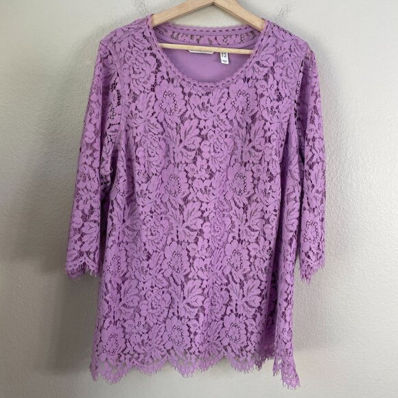 Isaac Mizrahi Live! Womens Plus 1X Lavender Lace Overlay Tunic Top 3/4 Sleeve - Picture 6 of 9